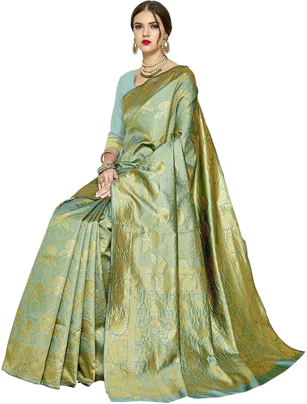 Light_Green_Banarasi_Silk_Blend_Woven_Jacquard_Saree_For_Women_|_With_Blouse_Piece