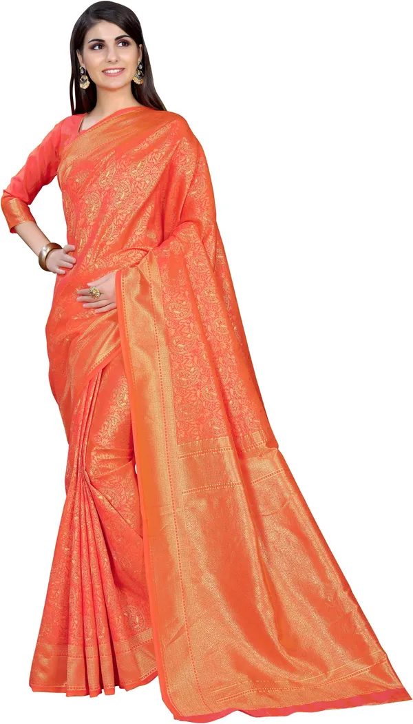 Pink_Banarasi_Silk_Blend_Woven_Kalamkari_Jacquard_Saree_For_Women_|_With_Blouse_Piece
