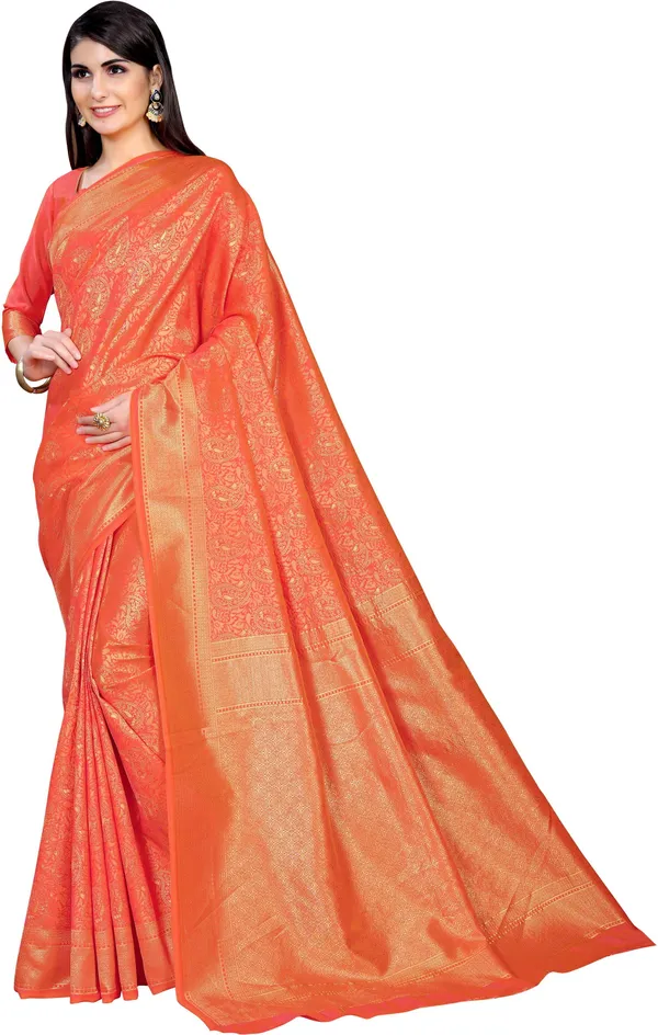 Pink_Banarasi_Silk_Blend_Woven_Kalamkari_Jacquard_Saree_For_Women_|_With_Blouse_Piece