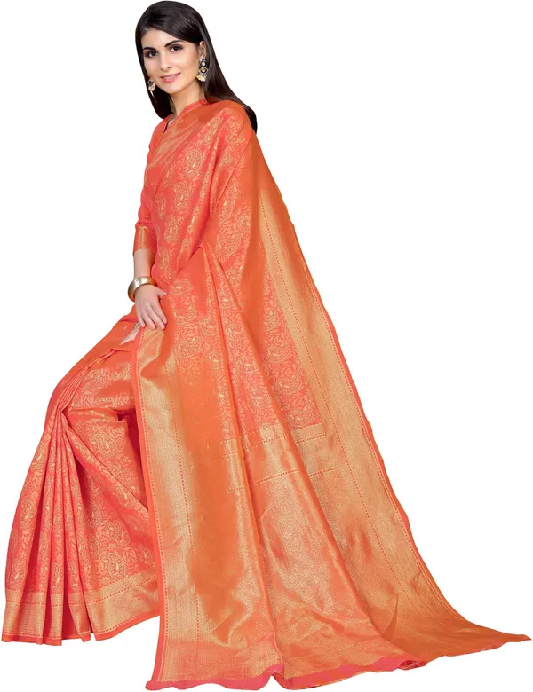 Pink_Banarasi_Silk_Blend_Woven_Kalamkari_Jacquard_Saree_For_Women_|_With_Blouse_Piece