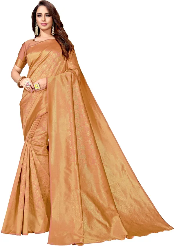 Brown_Georgette_Kanjivaram_Silk_Blend_Jacquard_Woven_Zari_Saree_For_Women_|_With_Blouse_Piece