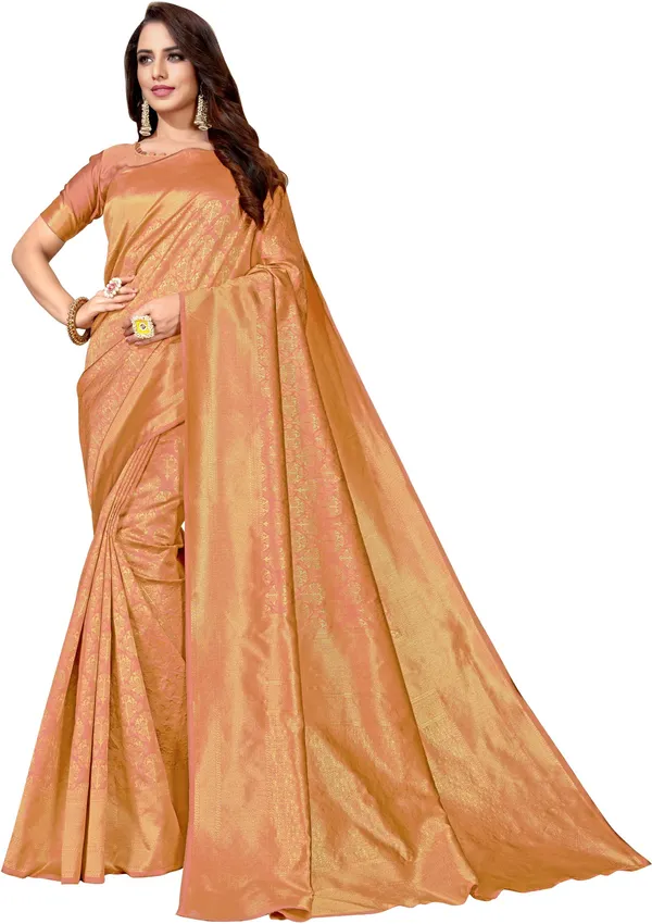 Brown_Georgette_Kanjivaram_Silk_Blend_Jacquard_Woven_Zari_Saree_For_Women_|_With_Blouse_Piece