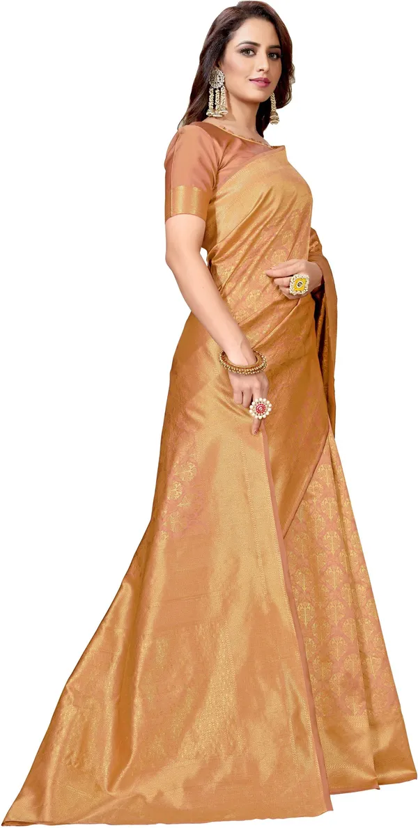 Brown_Georgette_Kanjivaram_Silk_Blend_Jacquard_Woven_Zari_Saree_For_Women_|_With_Blouse_Piece