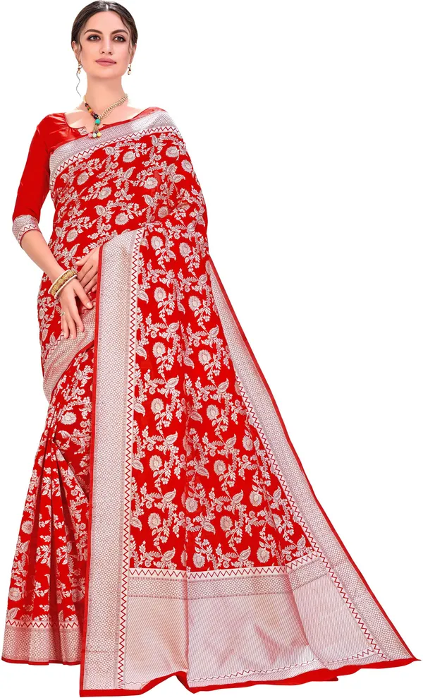 Red_Silk_Blend_Jacquard_Chikankari_Zari_Woven_Saree_For_Women_|_With_Blouse_Piece