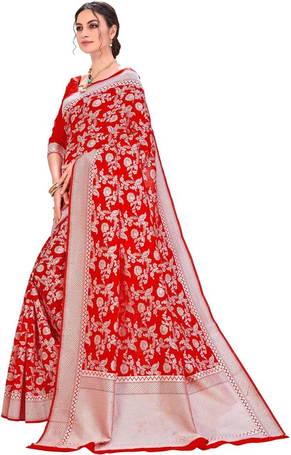 Red_Silk_Blend_Jacquard_Chikankari_Zari_Woven_Saree_For_Women_|_With_Blouse_Piece