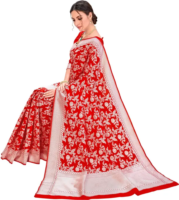 Red_Silk_Blend_Jacquard_Chikankari_Zari_Woven_Saree_For_Women_|_With_Blouse_Piece