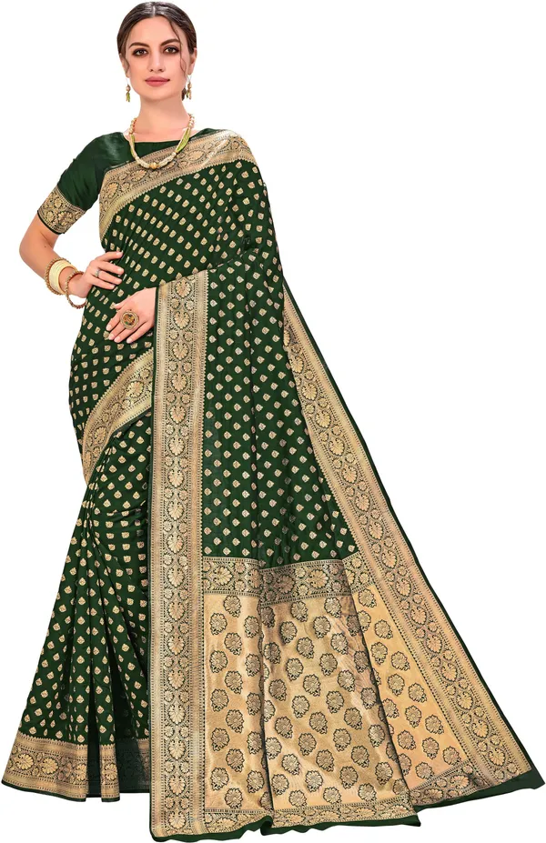Dark_Green_Kanjivaram_Jacquard_Silk_Blend_Zari_Motif_Saree_For_Women_|_With_Blouse_Piece