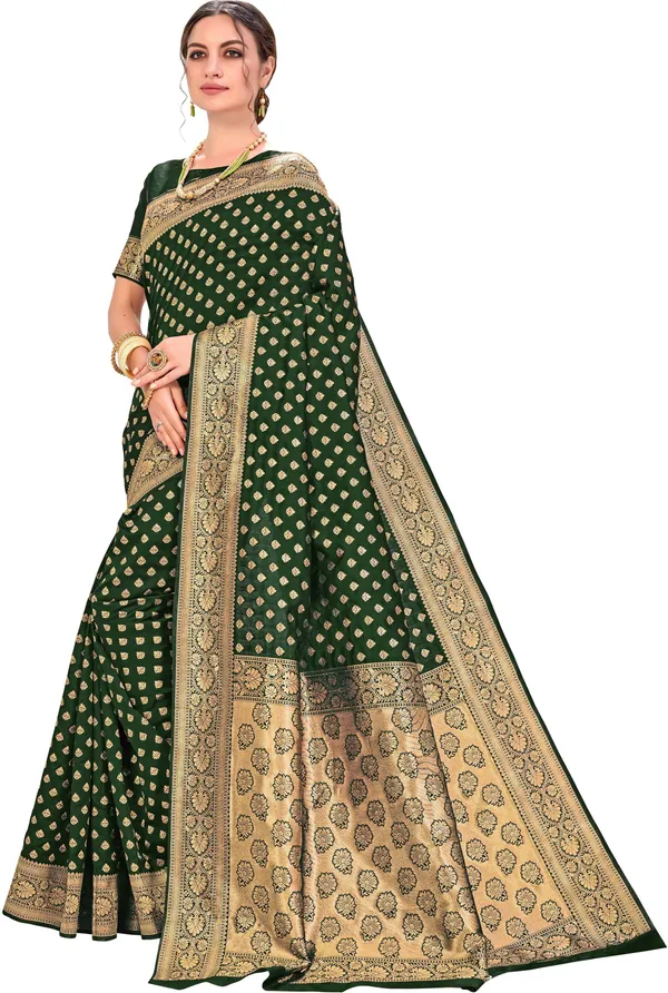 Dark_Green_Kanjivaram_Jacquard_Silk_Blend_Zari_Motif_Saree_For_Women_|_With_Blouse_Piece