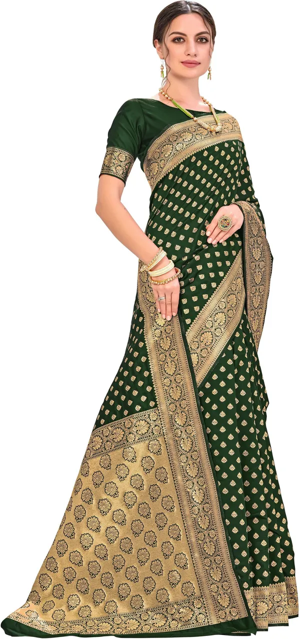Dark_Green_Kanjivaram_Jacquard_Silk_Blend_Zari_Motif_Saree_For_Women_|_With_Blouse_Piece