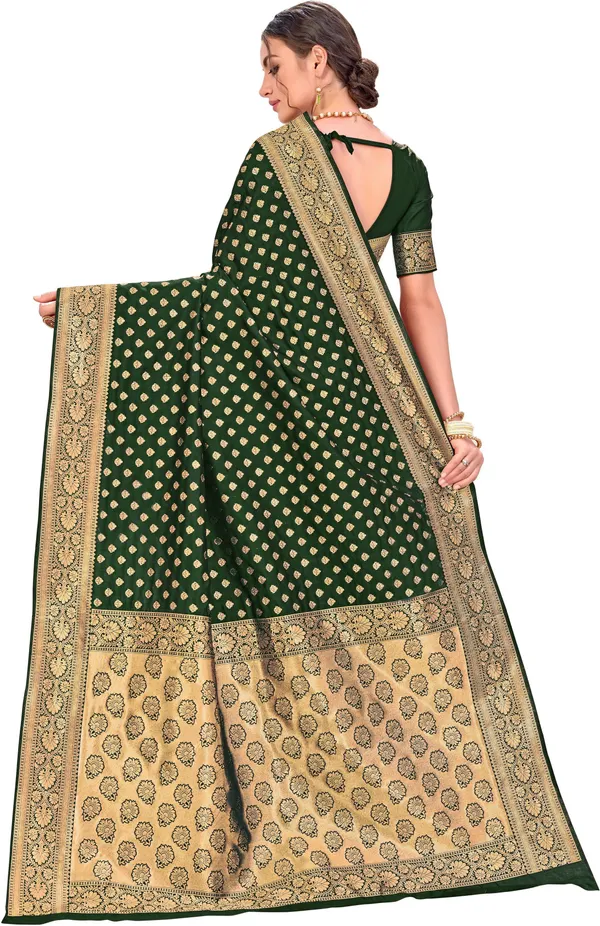 Dark_Green_Kanjivaram_Jacquard_Silk_Blend_Zari_Motif_Saree_For_Women_|_With_Blouse_Piece