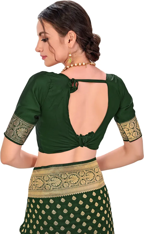 Dark_Green_Kanjivaram_Jacquard_Silk_Blend_Zari_Motif_Saree_For_Women_|_With_Blouse_Piece