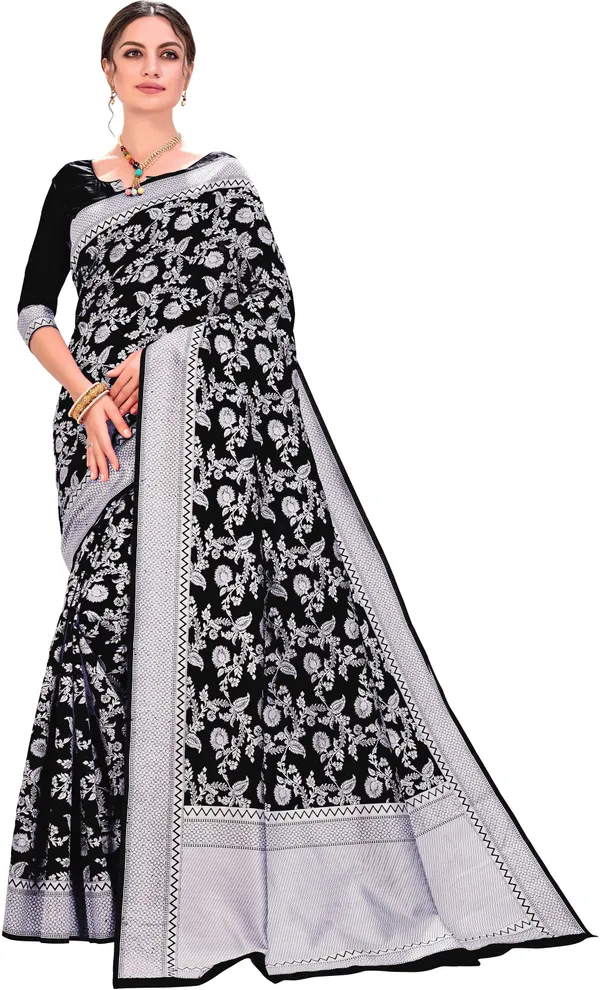 Black_Lucknow_Chikankari_Silk_Blend_Jacquard_Woven_Saree_For_Women_|_With_Blouse_Piece