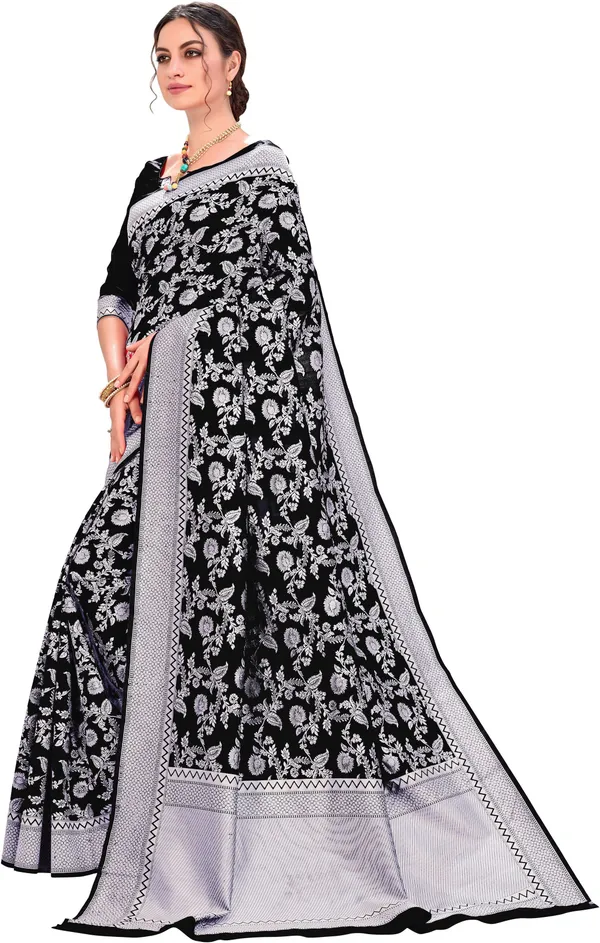 Black_Lucknow_Chikankari_Silk_Blend_Jacquard_Woven_Saree_For_Women_|_With_Blouse_Piece
