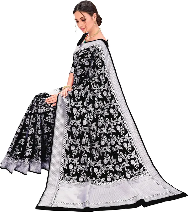 Black_Lucknow_Chikankari_Silk_Blend_Jacquard_Woven_Saree_For_Women_|_With_Blouse_Piece