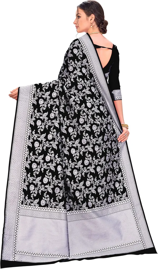 Black_Lucknow_Chikankari_Silk_Blend_Jacquard_Woven_Saree_For_Women_|_With_Blouse_Piece