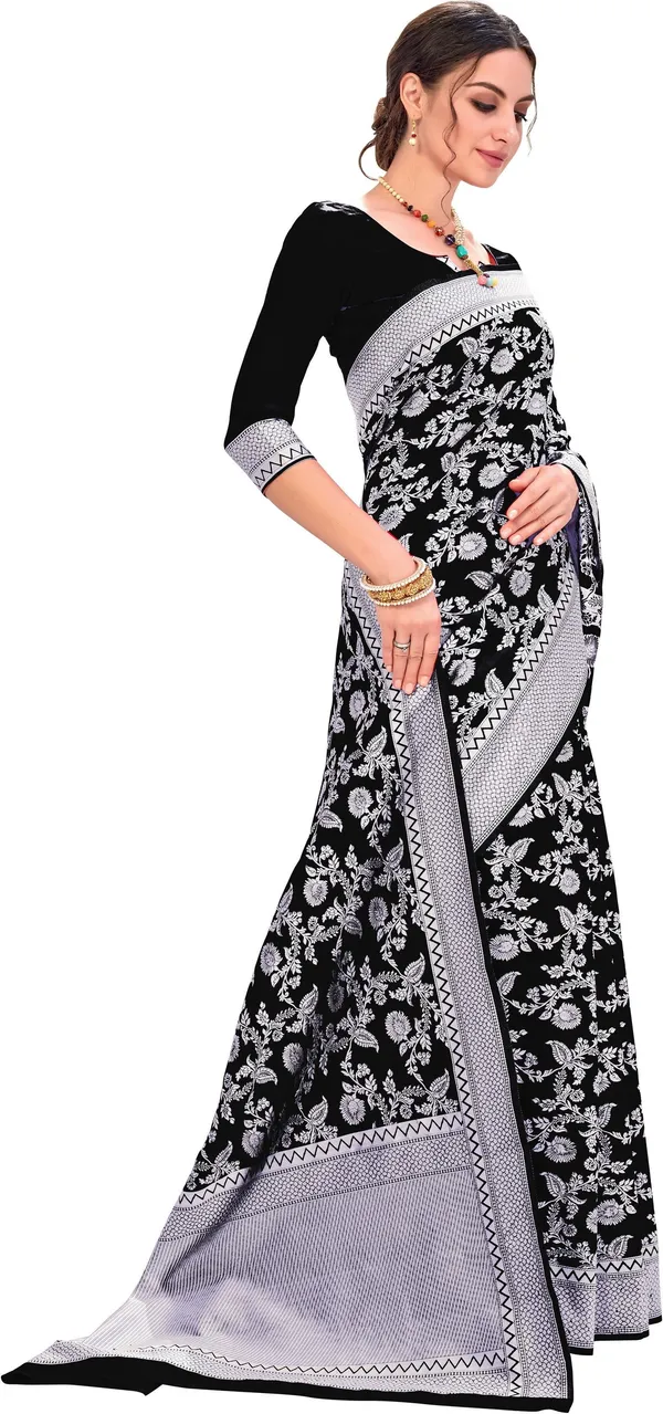 Black_Lucknow_Chikankari_Silk_Blend_Jacquard_Woven_Saree_For_Women_|_With_Blouse_Piece