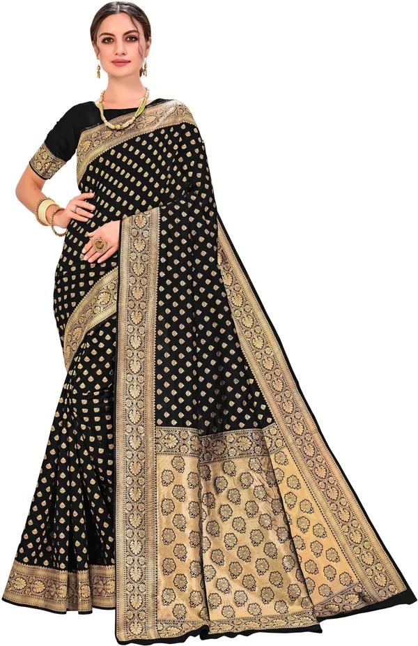 Black_Kanjivaram_Silk_Blend_Jacquard_Zari_Floral_Woven_Saree_For_Women_|_With_Blouse_Piece