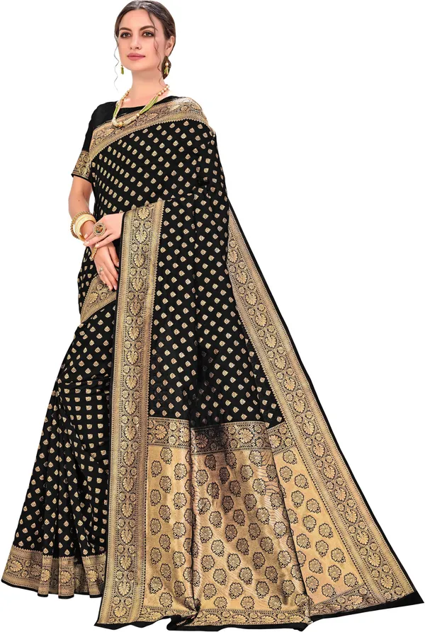 Black_Kanjivaram_Silk_Blend_Jacquard_Zari_Floral_Woven_Saree_For_Women_|_With_Blouse_Piece