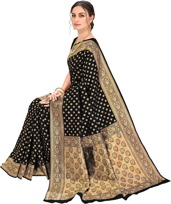 Black_Kanjivaram_Silk_Blend_Jacquard_Zari_Floral_Woven_Saree_For_Women_|_With_Blouse_Piece