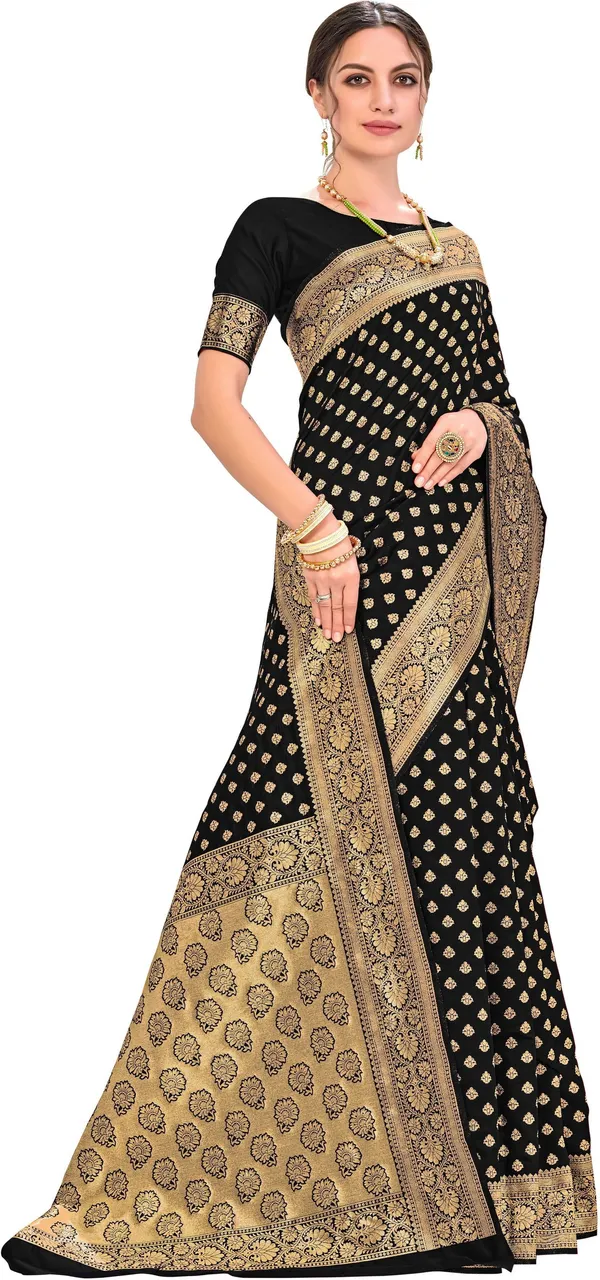 Black_Kanjivaram_Silk_Blend_Jacquard_Zari_Floral_Woven_Saree_For_Women_|_With_Blouse_Piece