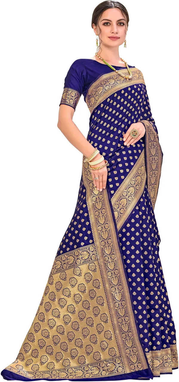 Dark_Blue_Georgette_Kanjivaram_Jacquard_Zari_Floral_Saree_For_Women_|_With_Blouse_Piece