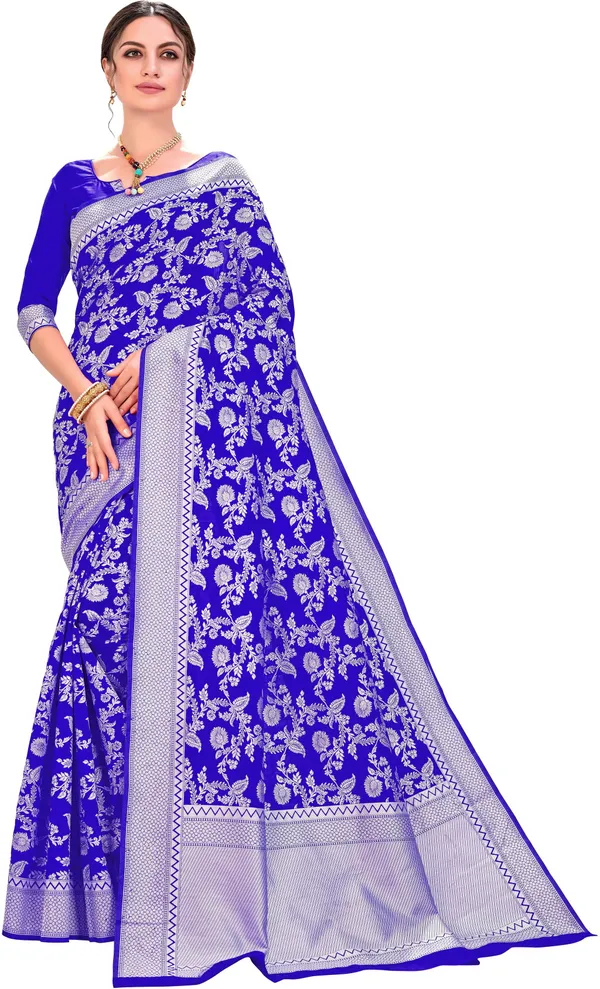 Blue_Chikankari_Jacquard_Silk_Blend_Woven_Saree_For_Women_|_With_Blouse_Piece