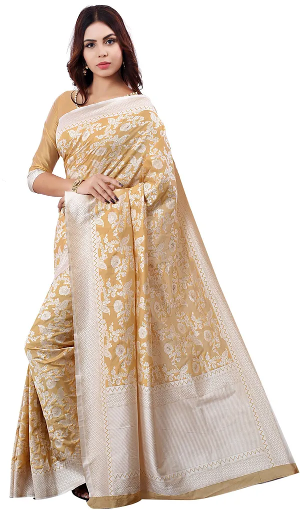 Off_White_Silk_Blend_Lucknowi_Chikankari_Jacquard_Woven_Saree_For_Women_|_With_Blouse_Piece