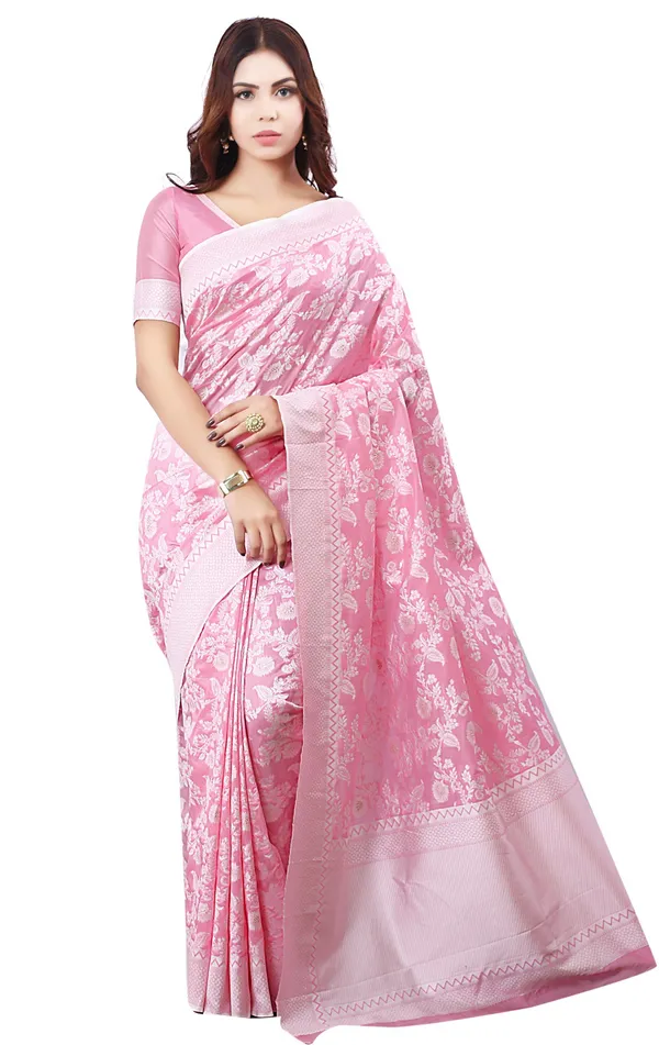 Pink_Silk_Blend_Lucknowi_Chikankari_Jacquard_Woven_Saree_For_Women_|_With_Blouse_Piece
