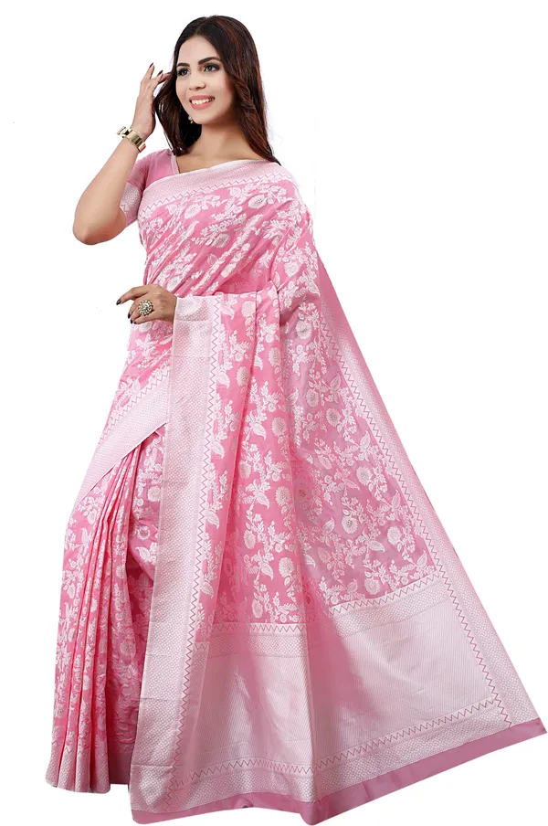 Pink_Silk_Blend_Lucknowi_Chikankari_Jacquard_Woven_Saree_For_Women_|_With_Blouse_Piece