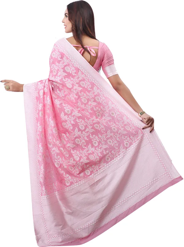 Pink_Silk_Blend_Lucknowi_Chikankari_Jacquard_Woven_Saree_For_Women_|_With_Blouse_Piece