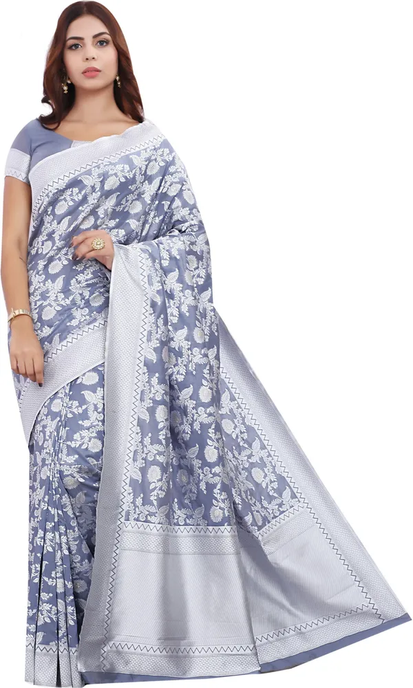 Grey_Georgette_Lucknowi_Chikankari_Jacquard_Saree_For_Women_|_With_Blouse_Piece