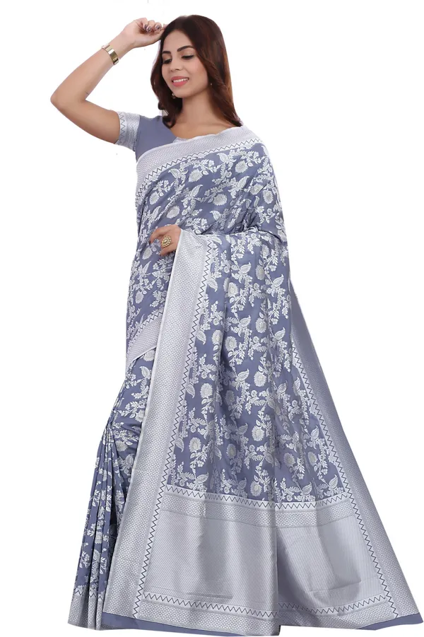 Grey_Georgette_Lucknowi_Chikankari_Jacquard_Saree_For_Women_|_With_Blouse_Piece