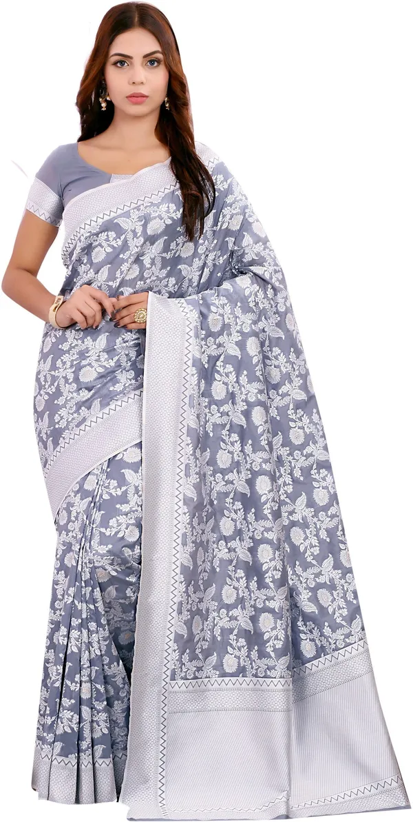 Grey_Georgette_Lucknowi_Chikankari_Jacquard_Saree_For_Women_|_With_Blouse_Piece