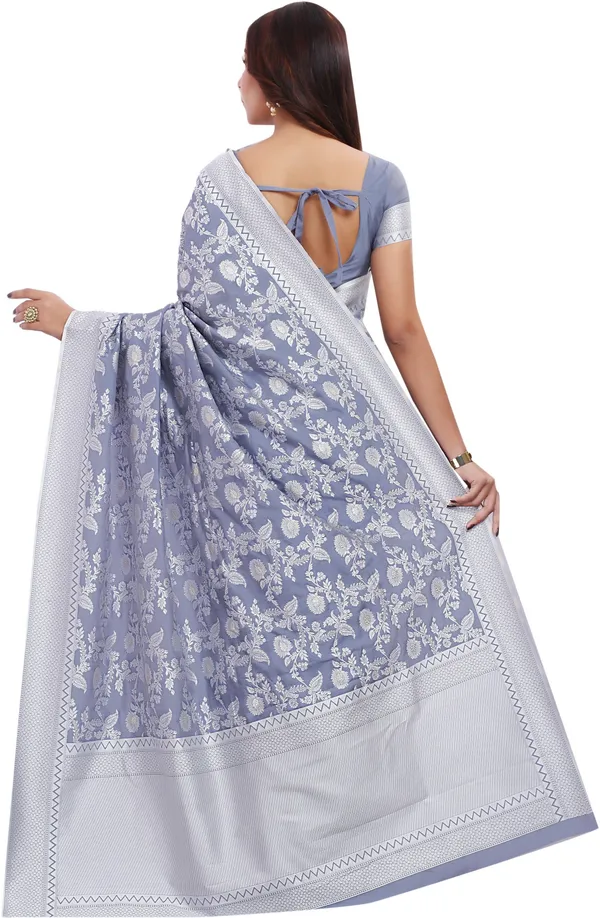 Grey_Georgette_Lucknowi_Chikankari_Jacquard_Saree_For_Women_|_With_Blouse_Piece