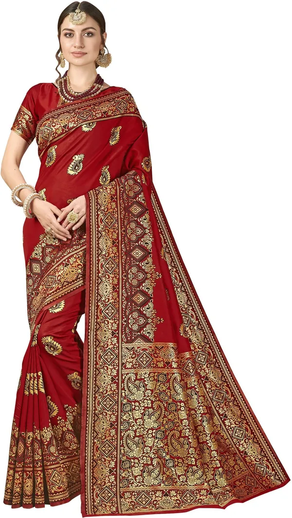 Maroon_Kalamkari_Silk_Blend_Jacquard_Woven_Saree_For_Women_|_With_Blouse_Piece