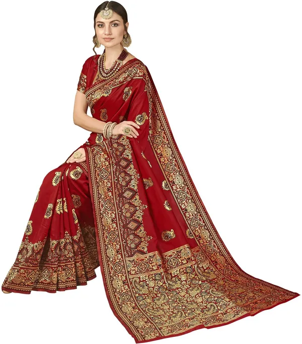 Maroon_Kalamkari_Silk_Blend_Jacquard_Woven_Saree_For_Women_|_With_Blouse_Piece