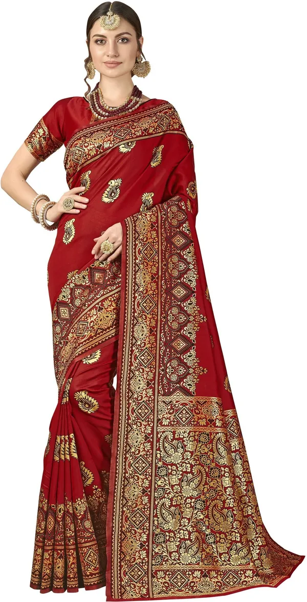 Maroon_Kalamkari_Silk_Blend_Jacquard_Woven_Saree_For_Women_|_With_Blouse_Piece