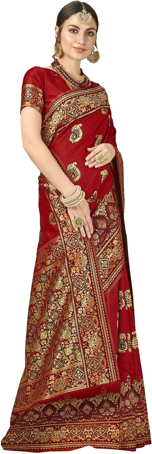 Maroon_Kalamkari_Silk_Blend_Jacquard_Woven_Saree_For_Women_|_With_Blouse_Piece