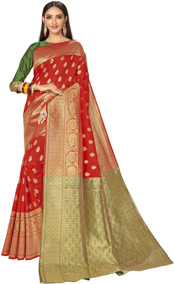 Red_Gold_Banarasi_Silk_Blend_Jacquard_Woven_Saree_For_Women_|_With_Blouse_Piece