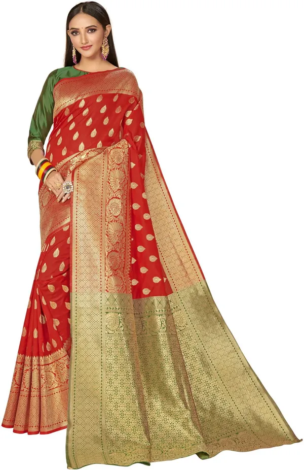Red_Gold_Banarasi_Silk_Blend_Jacquard_Woven_Saree_For_Women_|_With_Blouse_Piece