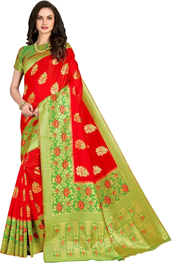 Red_And_Green_Sariya_Woven_Banarasi_Silk_Blend,_Jacquard_Saree_|_With_Blouse_Piece