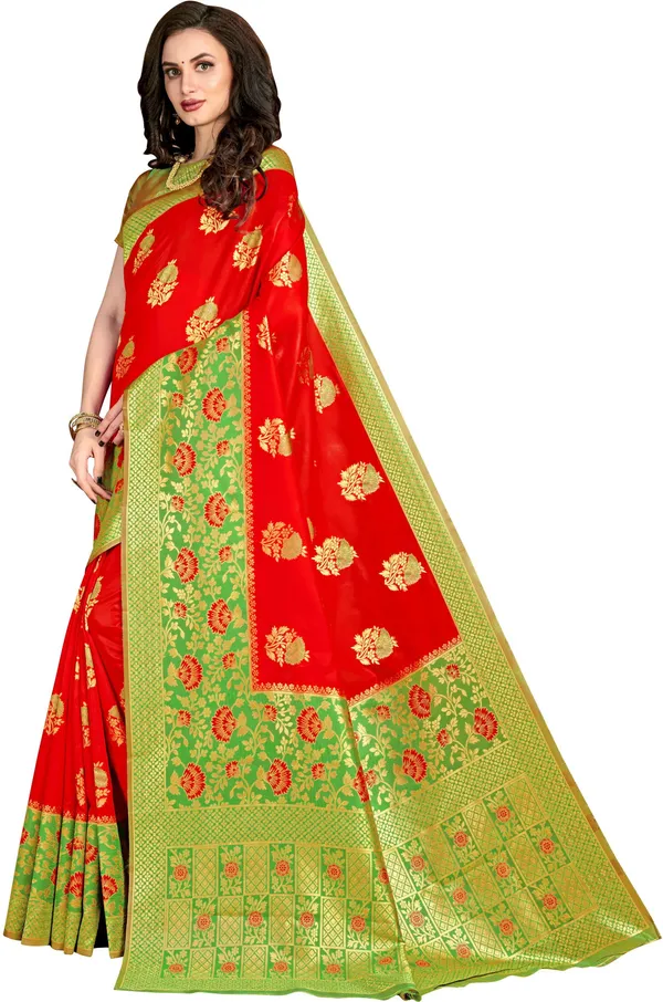 Red_And_Green_Sariya_Woven_Banarasi_Silk_Blend,_Jacquard_Saree_|_With_Blouse_Piece
