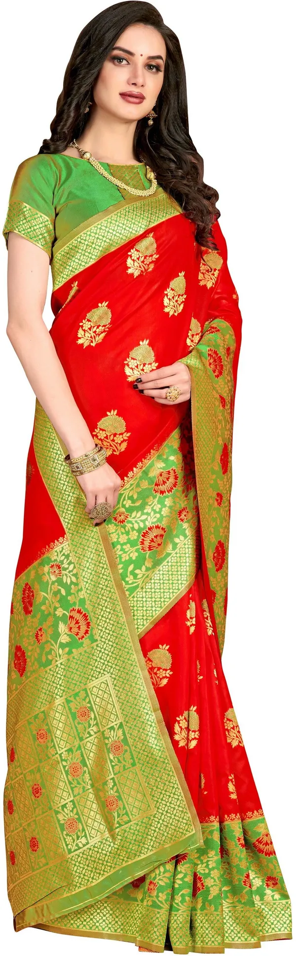 Red_And_Green_Sariya_Woven_Banarasi_Silk_Blend,_Jacquard_Saree_|_With_Blouse_Piece