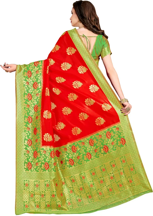 Red_And_Green_Sariya_Woven_Banarasi_Silk_Blend,_Jacquard_Saree_|_With_Blouse_Piece