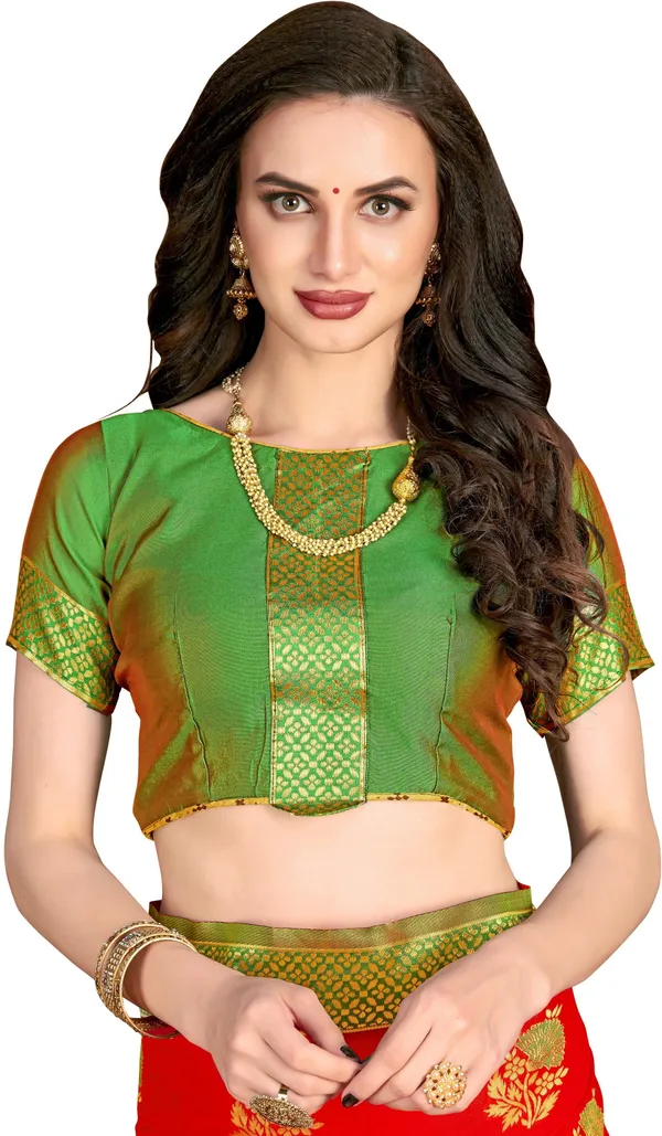 Red_And_Green_Sariya_Woven_Banarasi_Silk_Blend,_Jacquard_Saree_|_With_Blouse_Piece