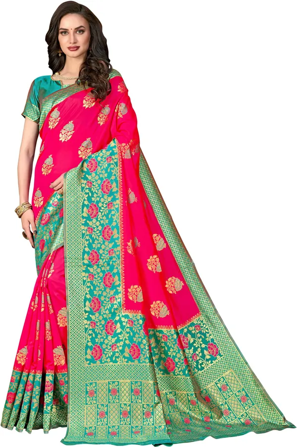 Green_Pink_Banarasi_Silk_Blend_Jacquard_Woven_Saree_For_Women_|_With_Blouse_Piece