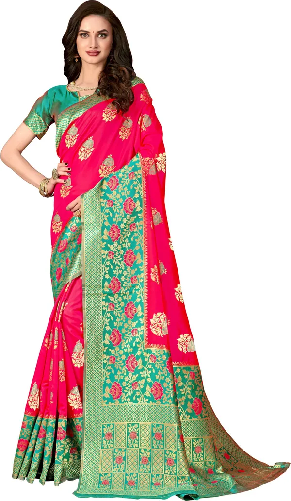 Green_Pink_Banarasi_Silk_Blend_Jacquard_Woven_Saree_For_Women_|_With_Blouse_Piece