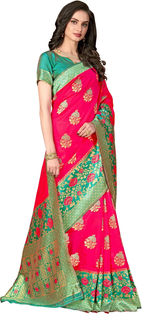 Green_Pink_Banarasi_Silk_Blend_Jacquard_Woven_Saree_For_Women_|_With_Blouse_Piece