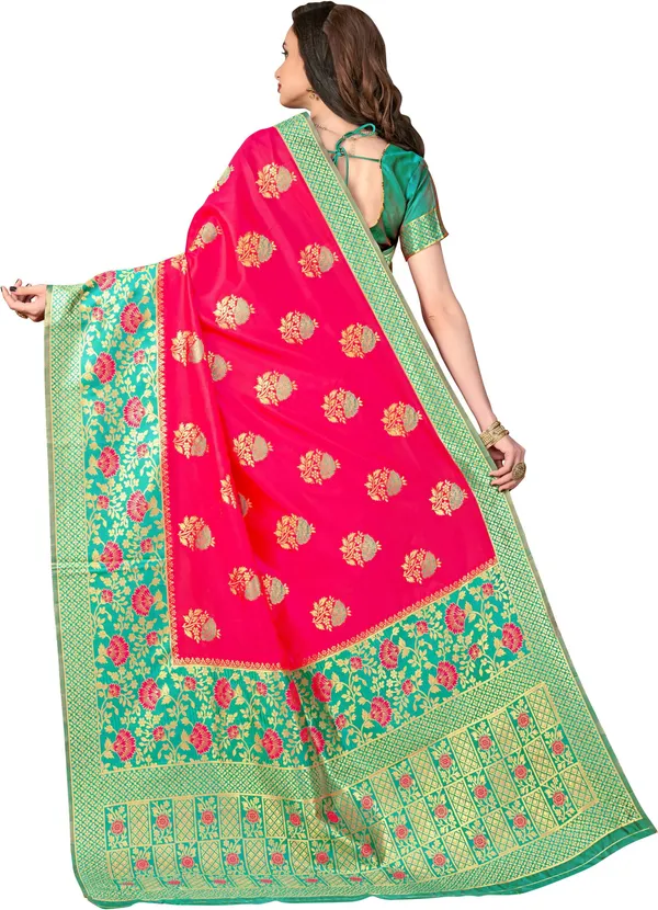 Green_Pink_Banarasi_Silk_Blend_Jacquard_Woven_Saree_For_Women_|_With_Blouse_Piece
