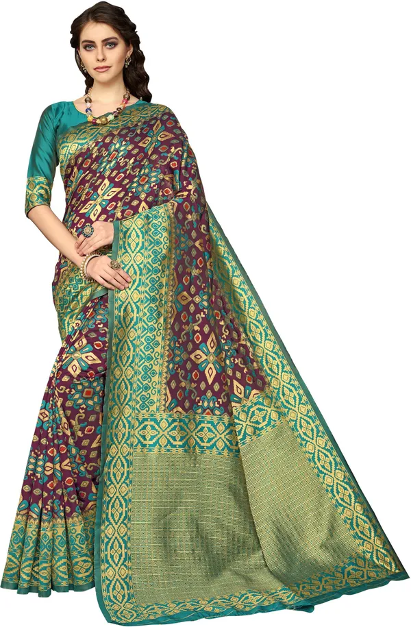 Purple_Green_Banarasi_Silk_Blend_Woven_Jacquard_Saree_For_Women_|_With_Blouse_Piece